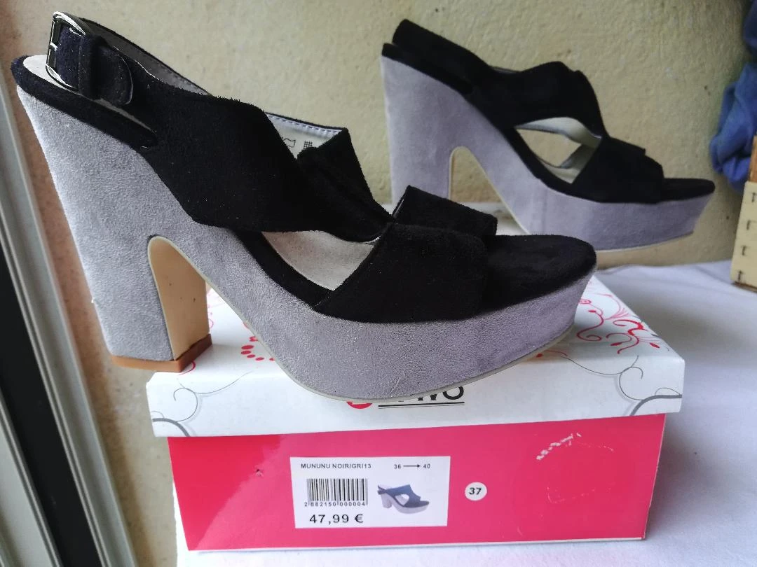 Tweekleurige zwarte/grijze pumps met dikke hoge hak van 12 cm maat 37 - nieuw – photo 6